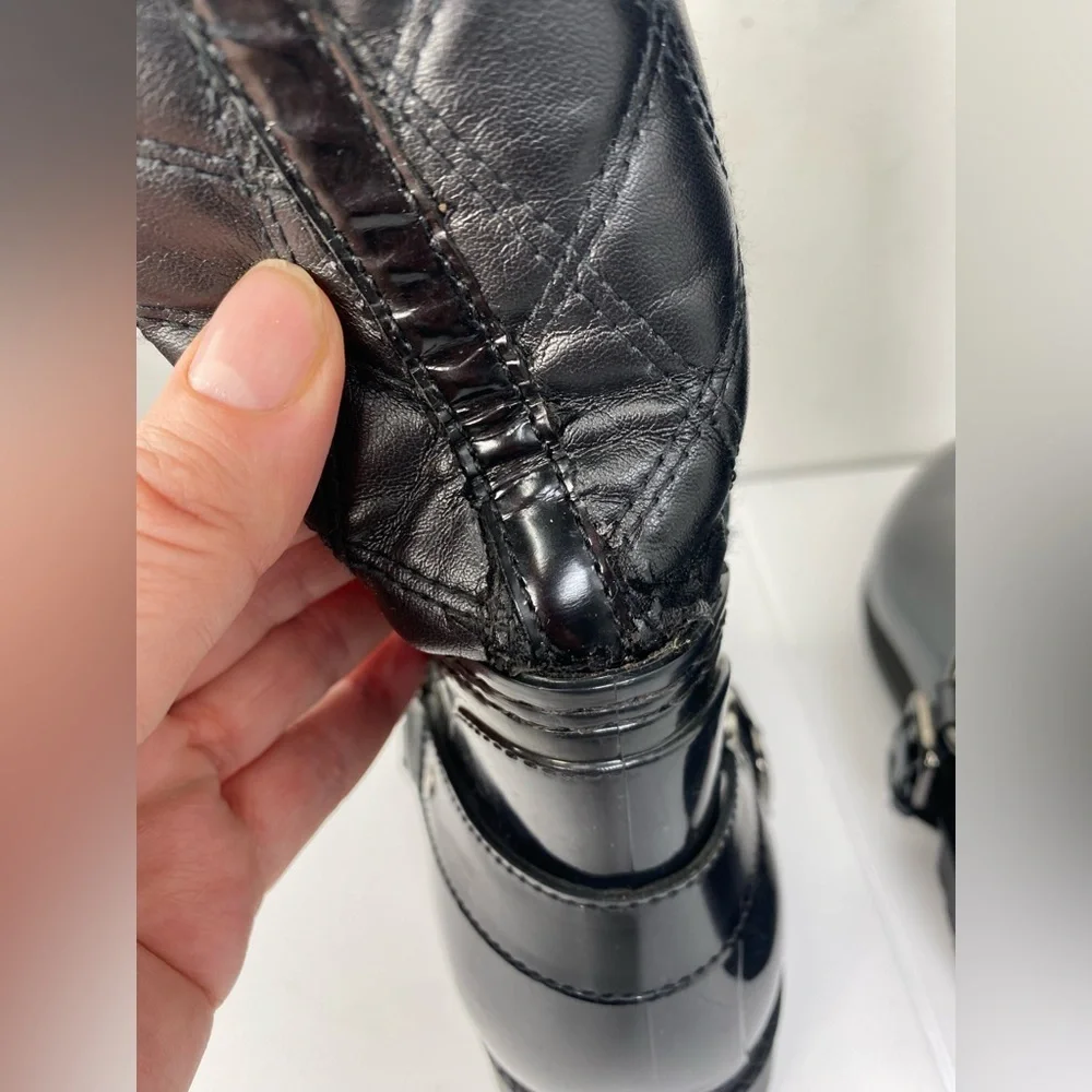 Stuart Weitzman Designer Black Quilted Leather Stirrup Fur Lined Rain Boots